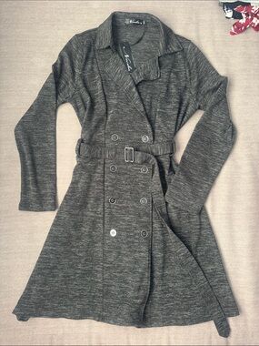 Heather Charcoal Knit Belted Trench Coat
